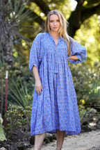 Mylah Midi Dress Block Printed Cotton Blue