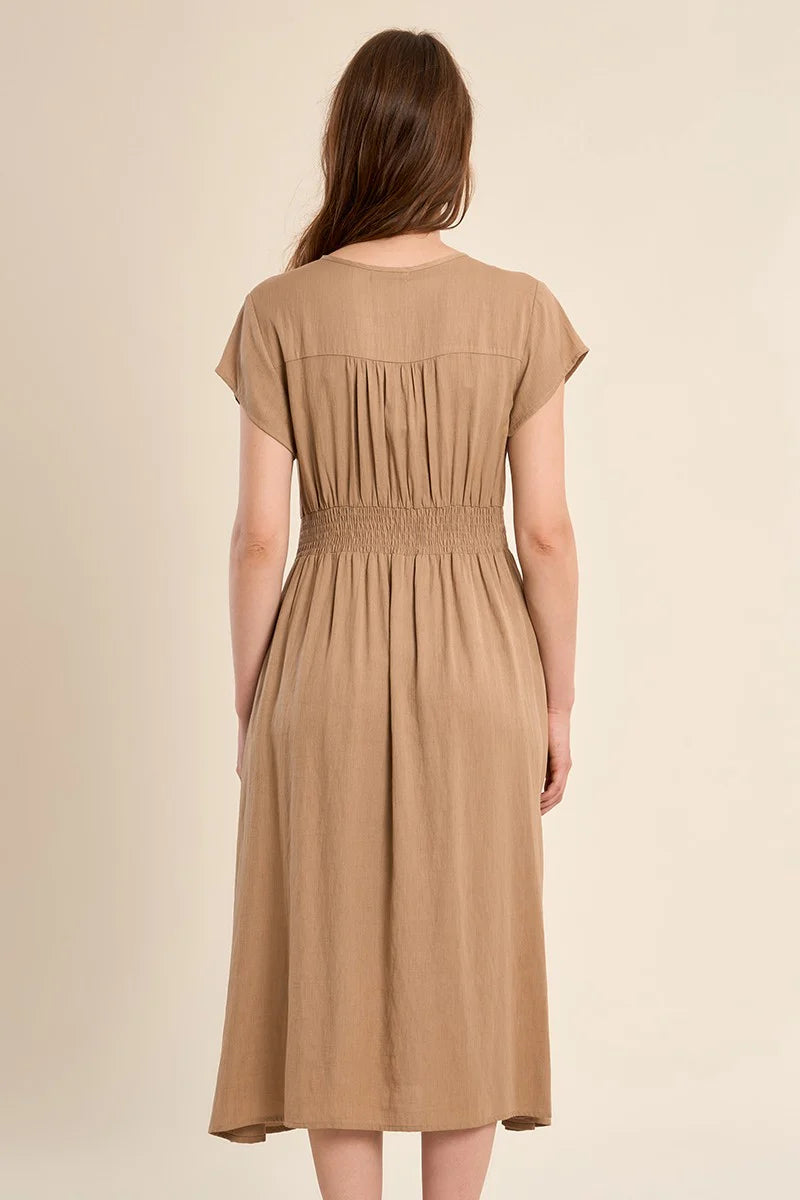 Beige Button Front Midi Dress