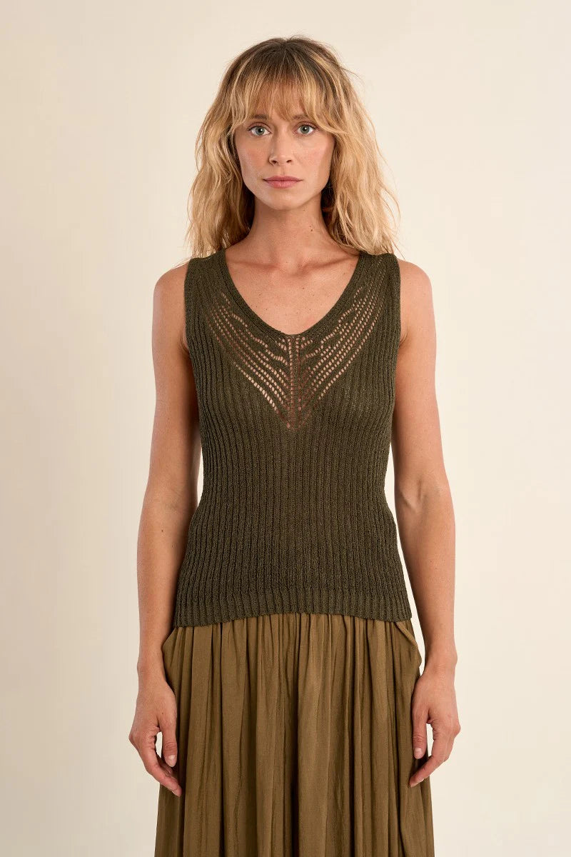 Khaki Openwork Knit Tank Top