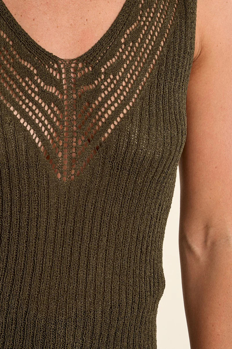 Khaki Openwork Knit Tank Top
