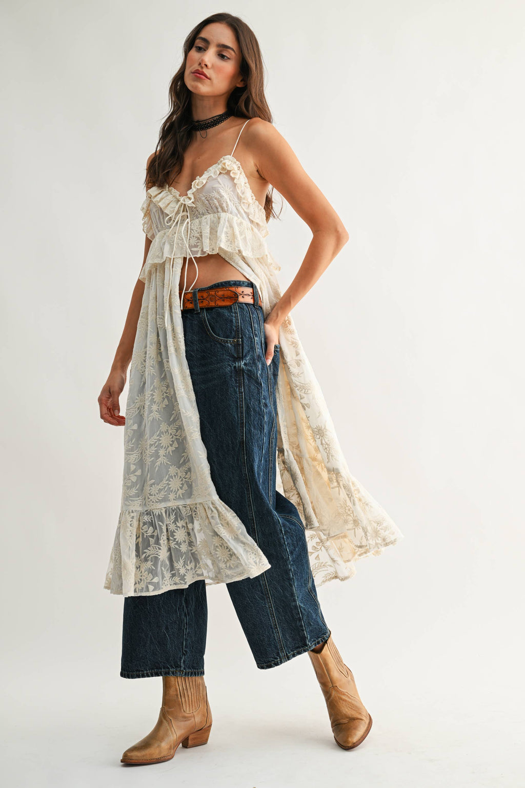 Sheer Floral Lace Ruffle Cover Up Top