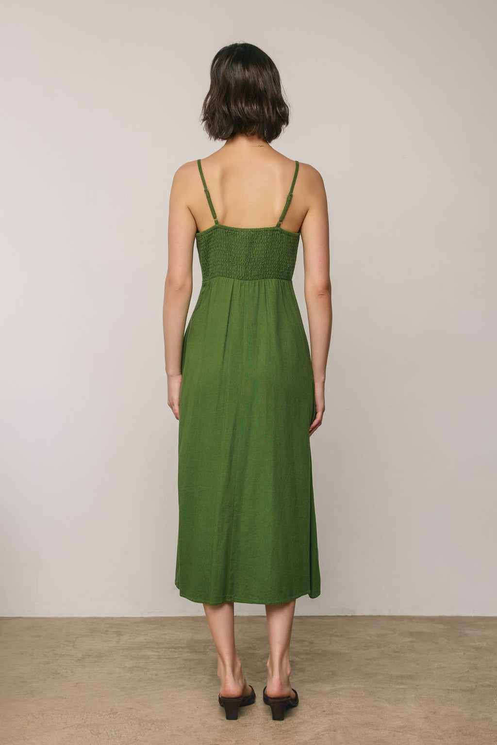 Linen Shirred Bust Button Midi Dress