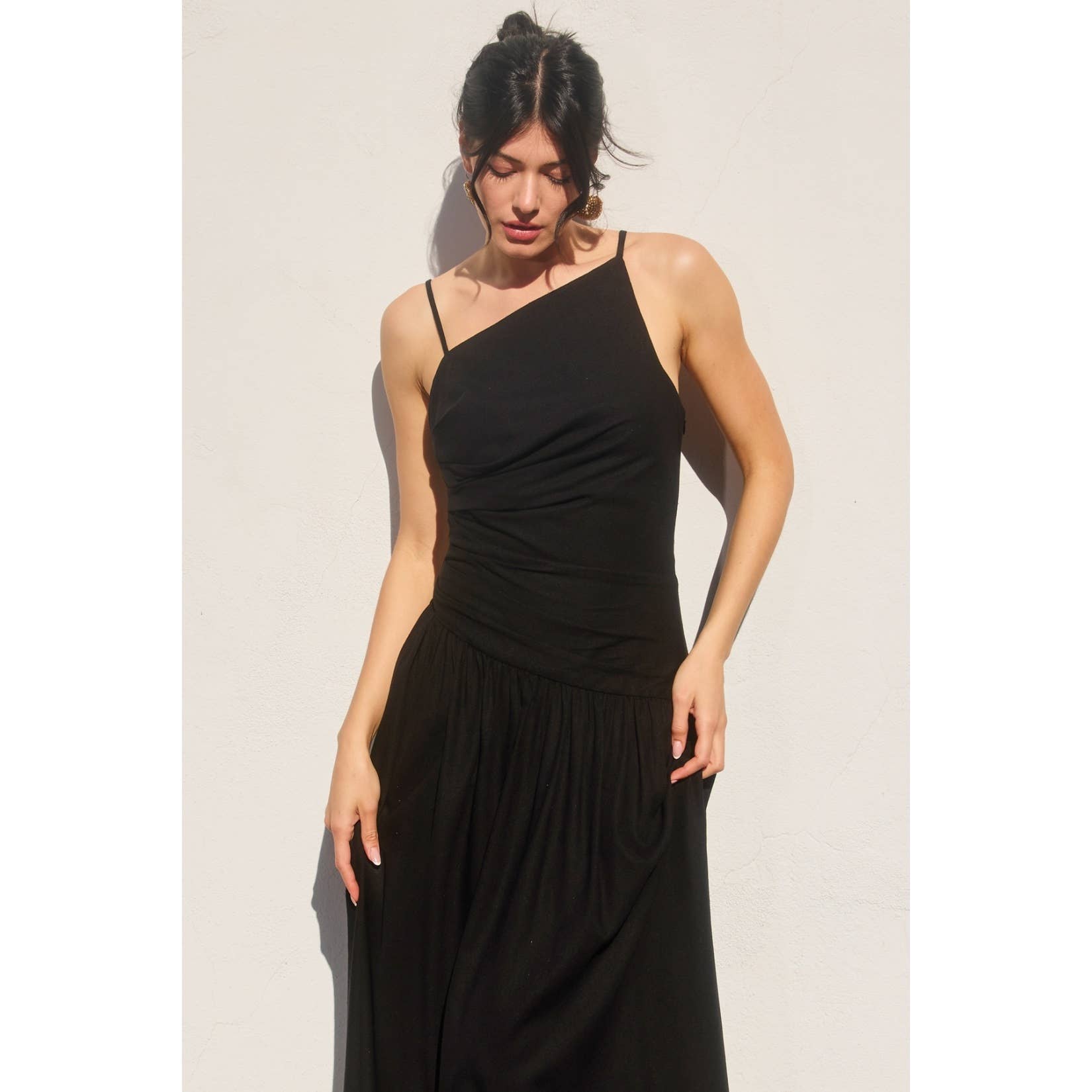 Linen Drop Waist Ruched Maxi Dress