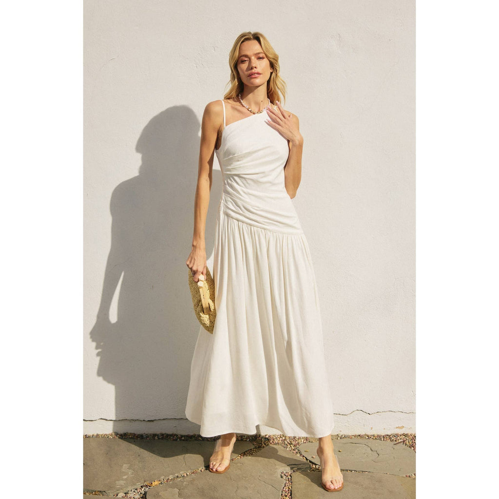 Linen Drop Waist Ruched Maxi Dress