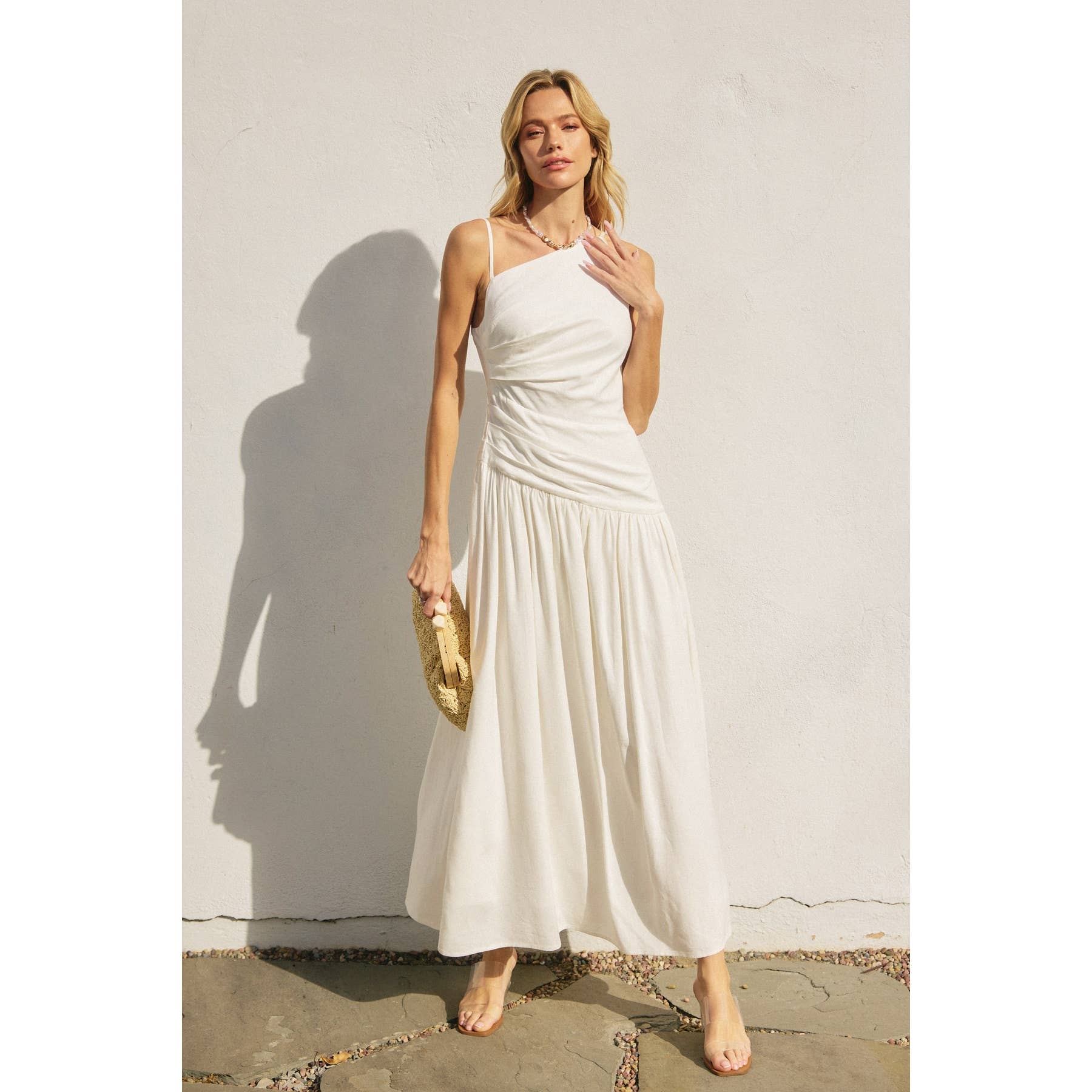 Linen Drop Waist Ruched Maxi Dress