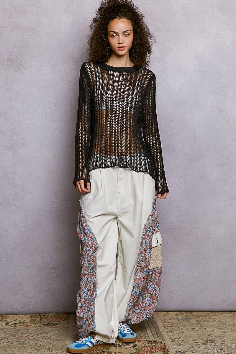 Round Neck Open-Knit Long Sleeve Sheer Sweater Top