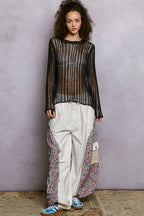 Round Neck Open-Knit Long Sleeve Sheer Sweater Top
