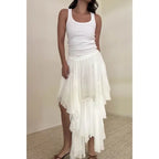 Mid Elastic Waist Asymmetrical Hem Maxi Skirt