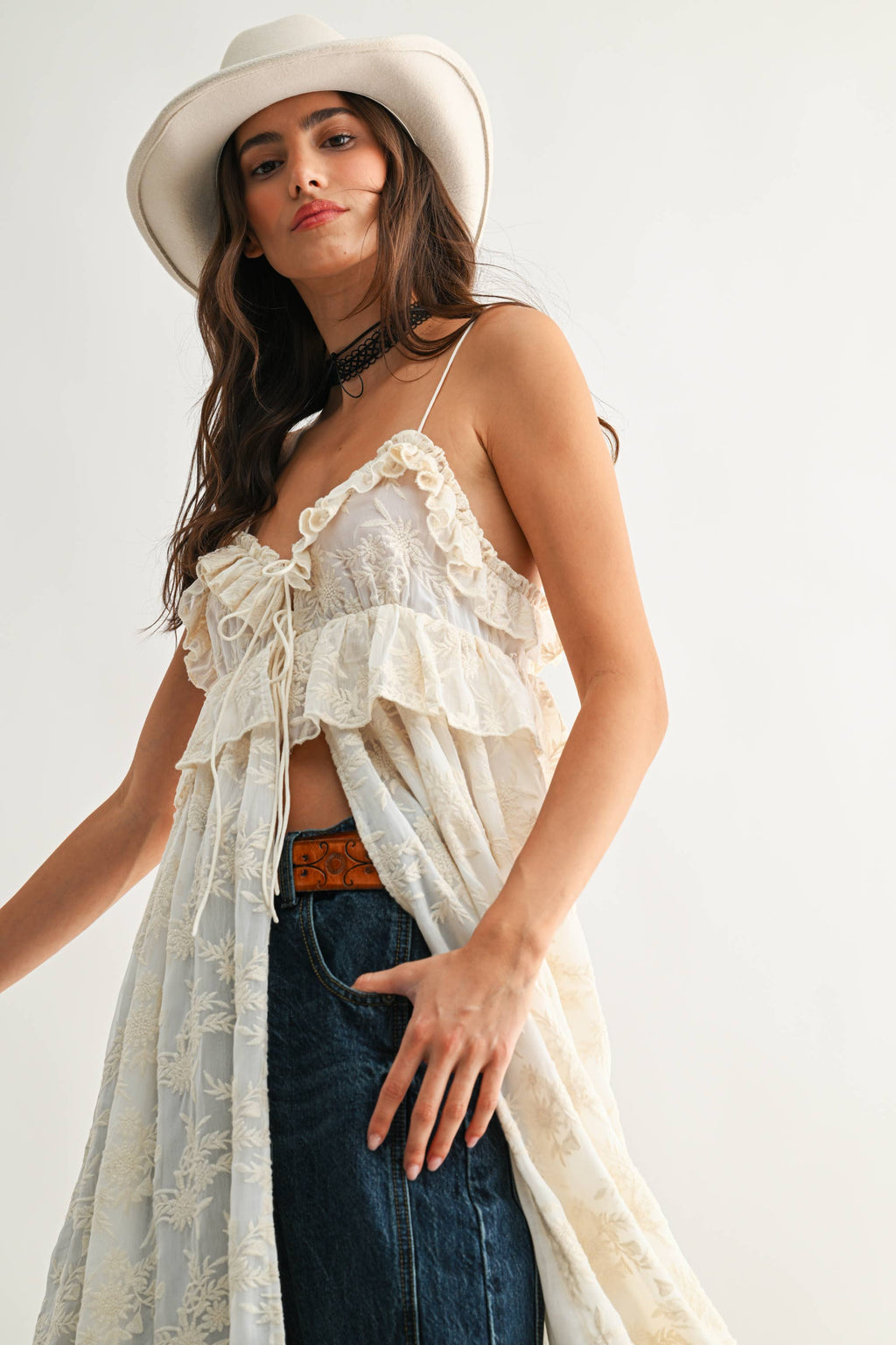 Sheer Floral Lace Ruffle Cover Up Top