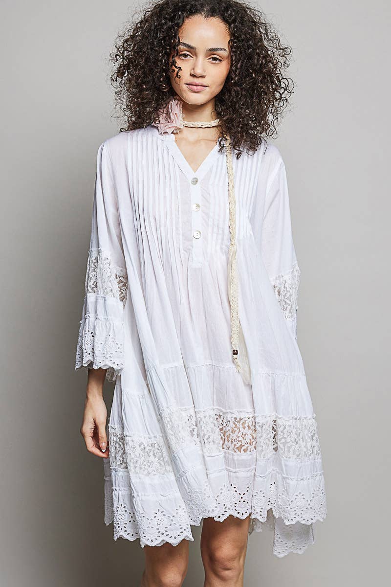 Lightweight Pintuck Detail Eyelet Ruffle Dress
