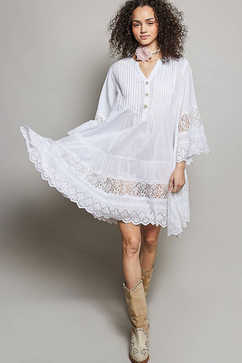 Lightweight Pintuck Detail Eyelet Ruffle Dress