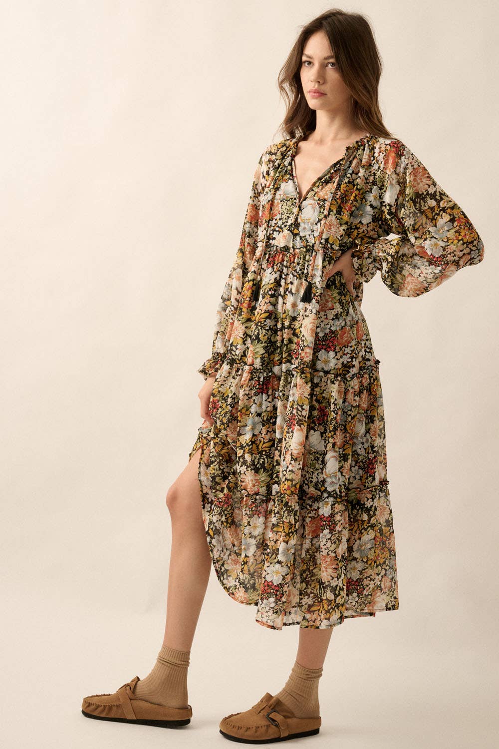 Fall Floral V-Neck Midi Dress