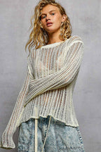 Round Neck Open-Knit Long Sleeve Sheer Sweater Top