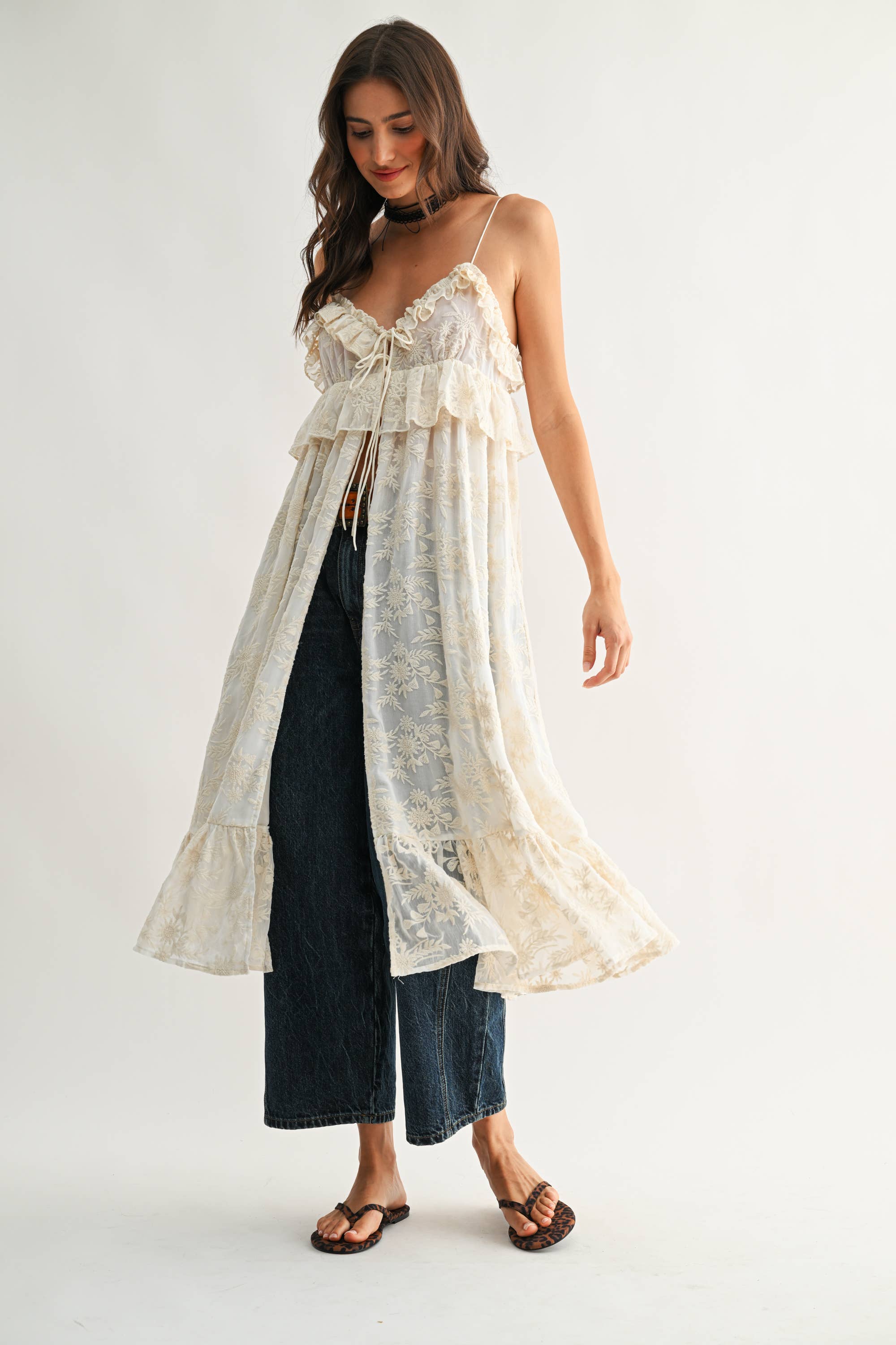 Sheer Floral Lace Ruffle Cover Up Top
