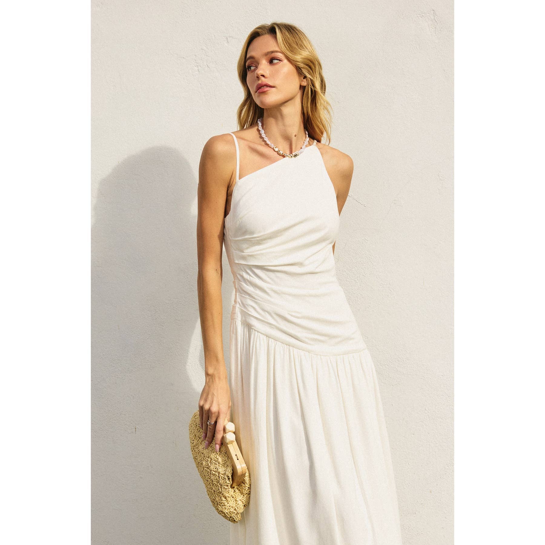Linen Drop Waist Ruched Maxi Dress