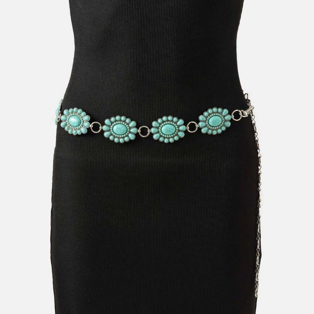 Western Turquoise Stone Bead Concho Disc Chain Belt