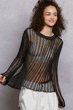 Round Neck Open-Knit Long Sleeve Sheer Sweater Top