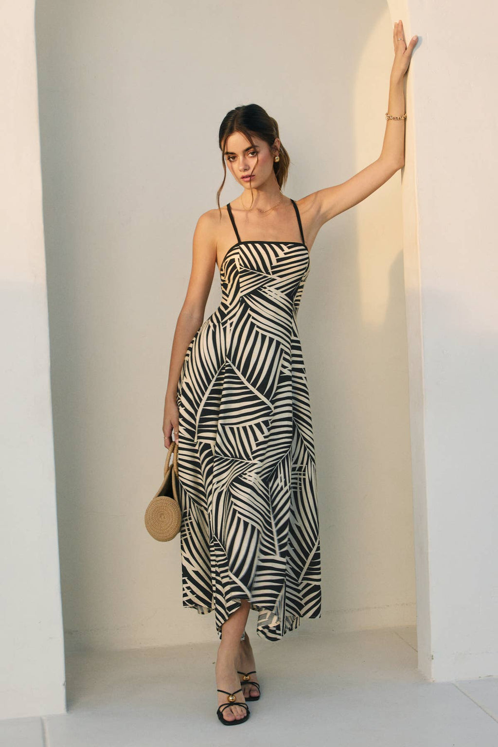 Tropical Leaf Contrast Bind Handkerchief Hem Dress