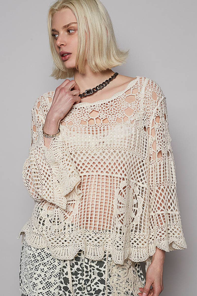 Round Neck Long Sleeve Crochet Top