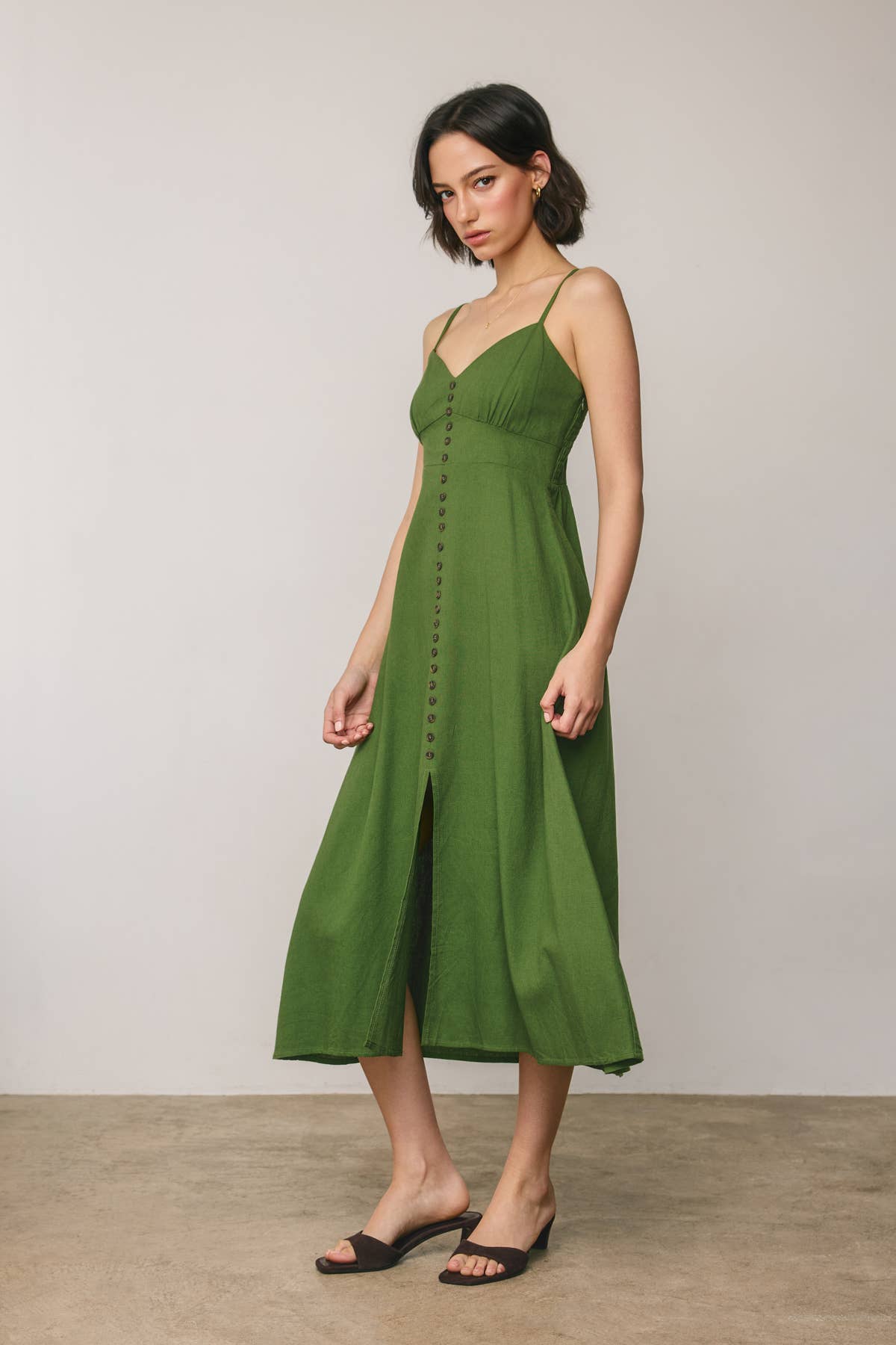 Linen Shirred Bust Button Midi Dress