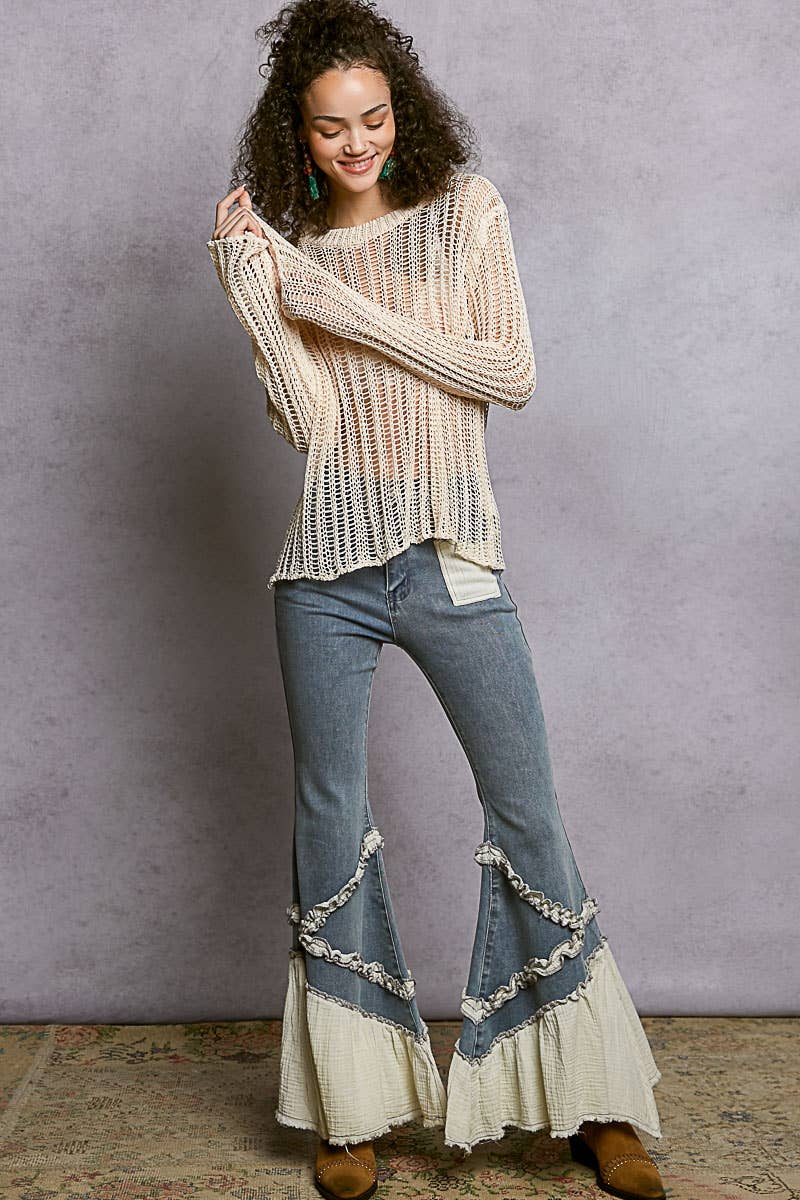 Round Neck Open-Knit Long Sleeve Sheer Sweater Top