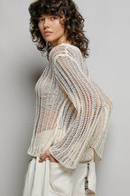 Round Neck Open-Knit Long Sleeve Sheer Sweater Top