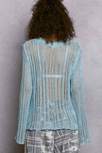 Round Neck Open-Knit Long Sleeve Sheer Sweater Top