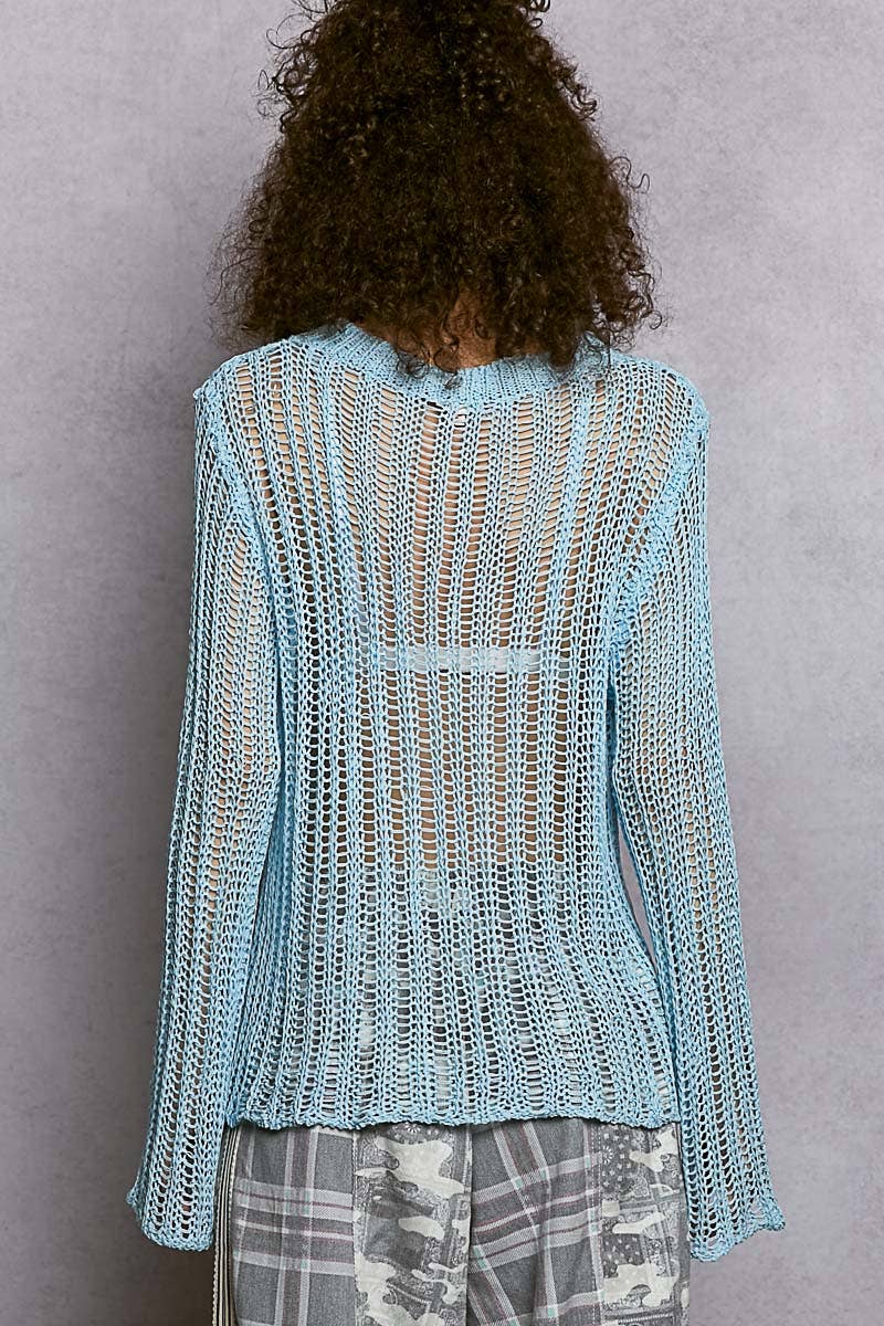 Round Neck Open-Knit Long Sleeve Sheer Sweater Top