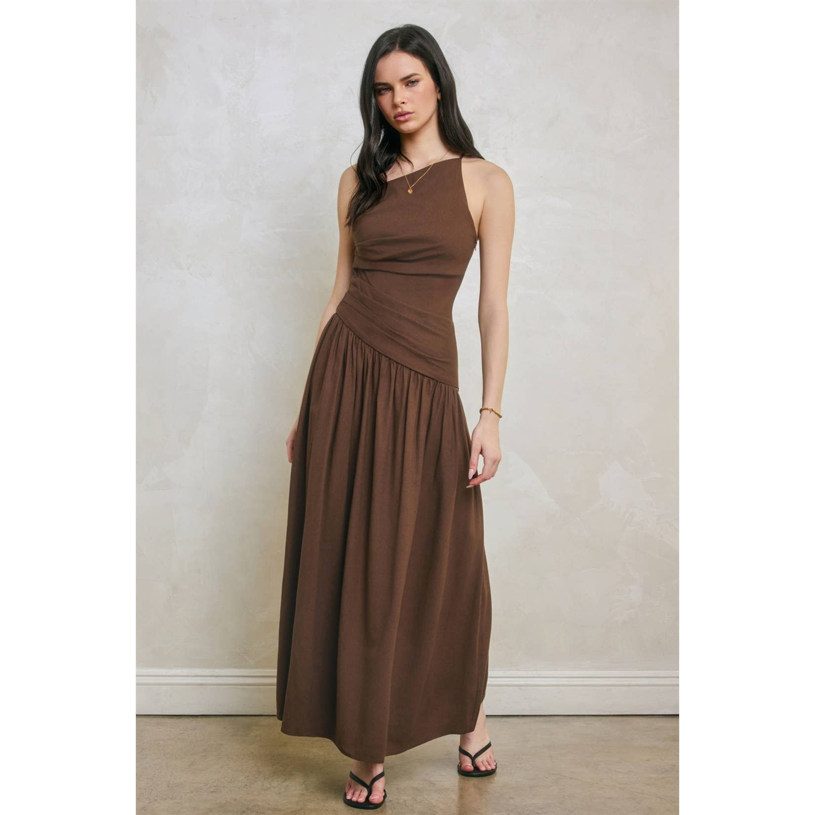 Linen Drop Waist Ruched Maxi Dress