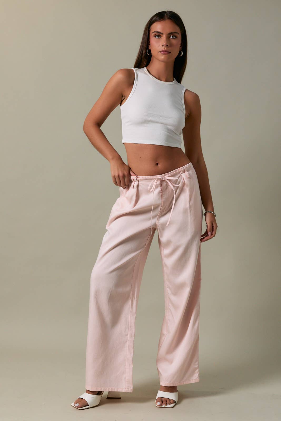 Low-Rise Pleated Tie Pants
