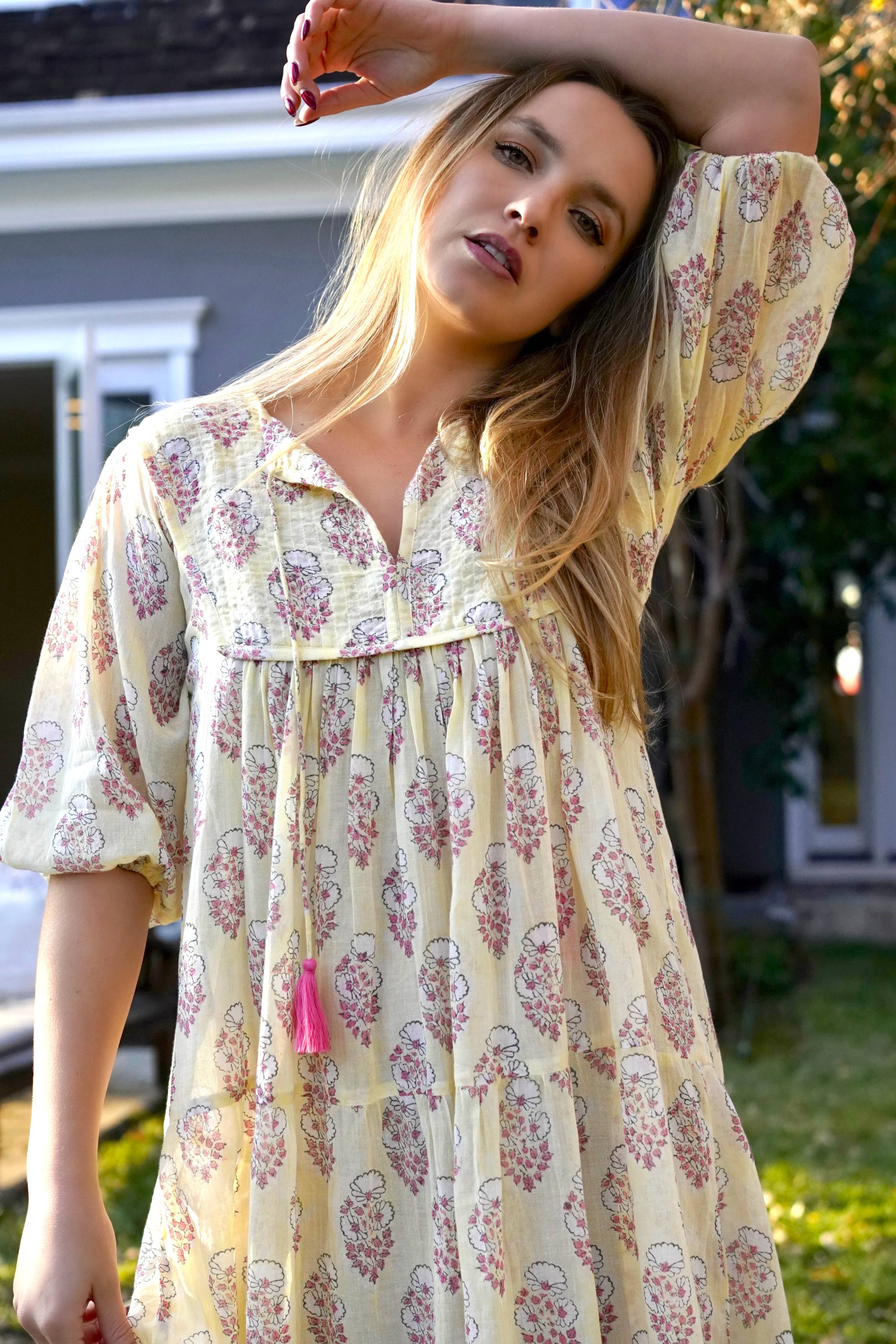 Rumi Block Printed Dress Yellow