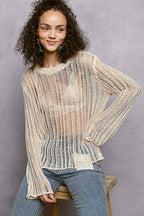Round Neck Open-Knit Long Sleeve Sheer Sweater Top