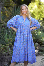 Mylah Midi Dress Block Printed Cotton Blue