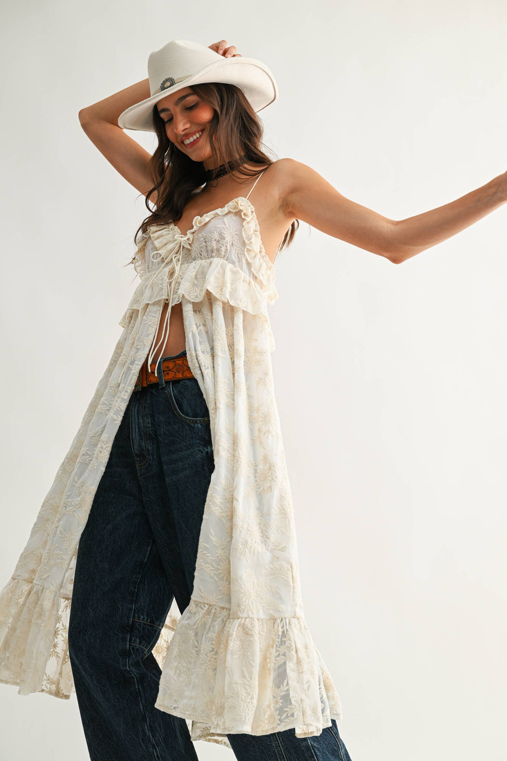 Sheer Floral Lace Ruffle Cover Up Top