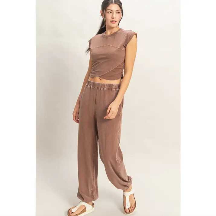 Rolled Sleeve Wrap-Front Crop Top and Jogger Set