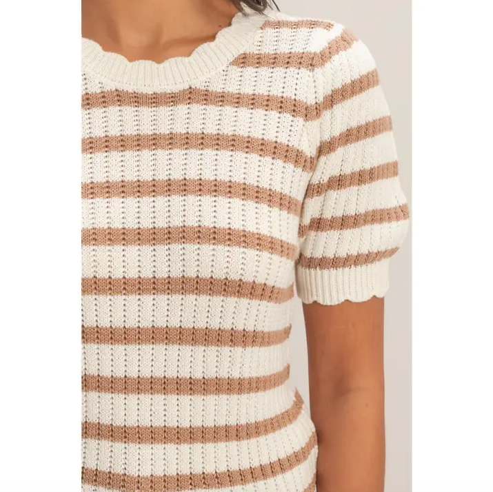 Striped Scallop Edge Puff Sleeve Knit Top