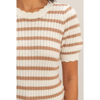 Striped Scallop Edge Puff Sleeve Knit Top