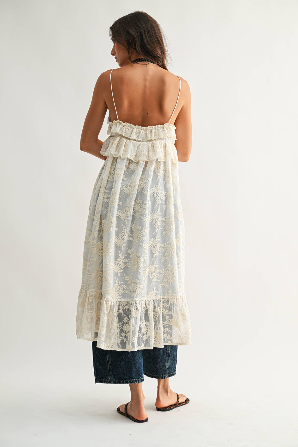 Sheer Floral Lace Ruffle Cover Up Top