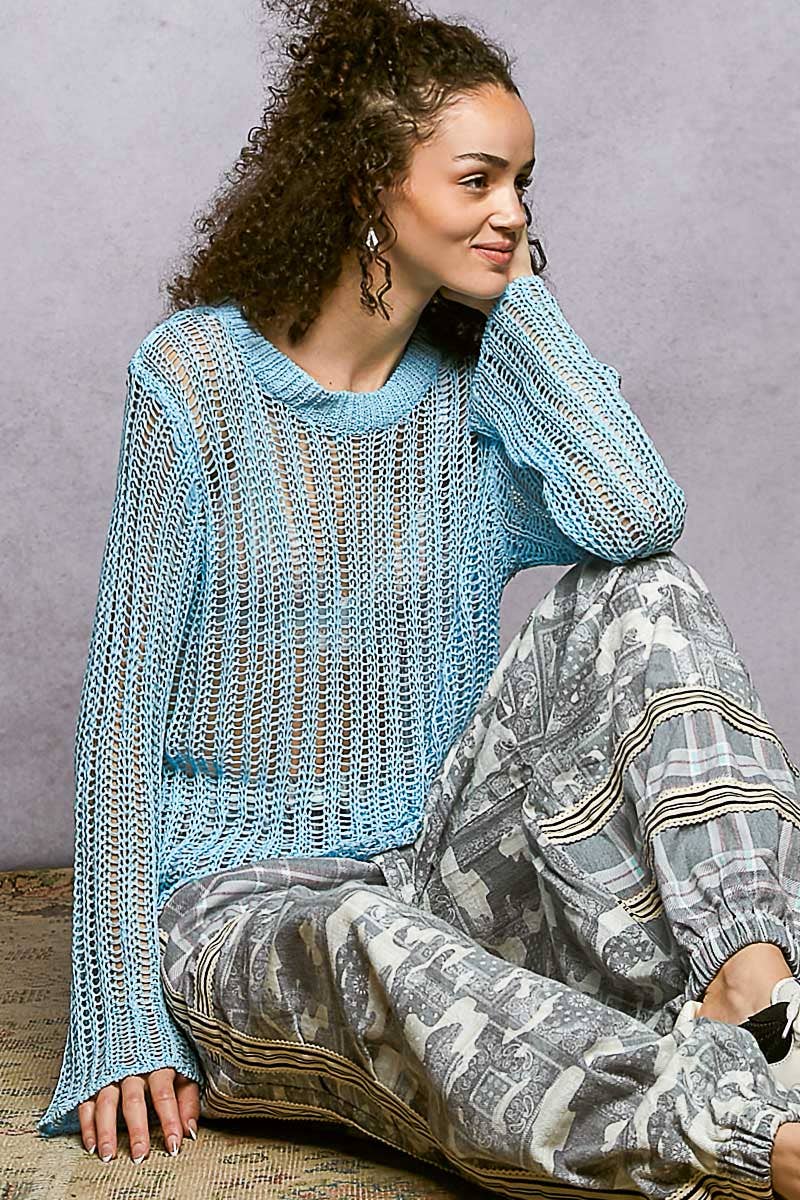 Round Neck Open-Knit Long Sleeve Sheer Sweater Top