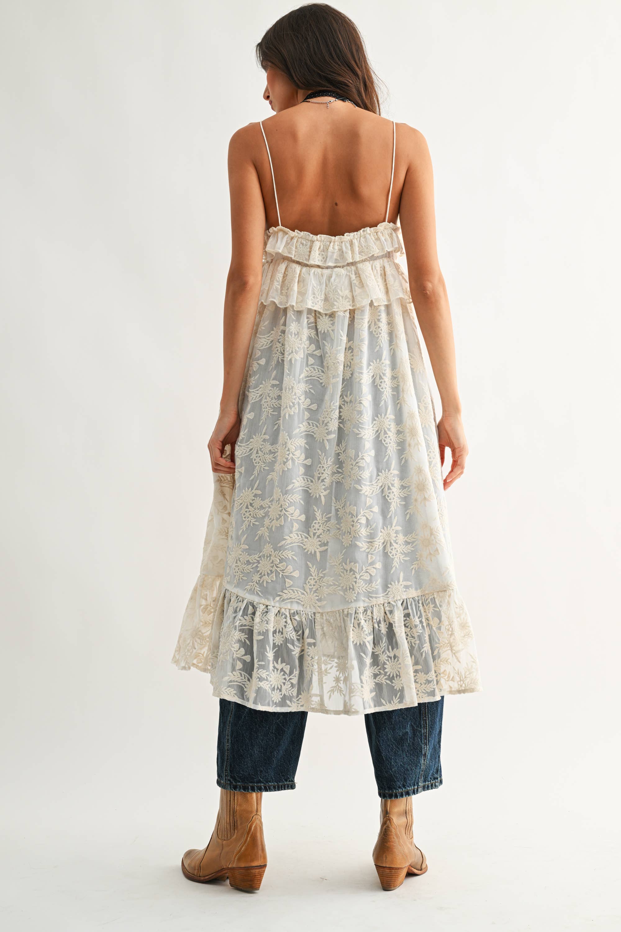 Sheer Floral Lace Ruffle Cover Up Top