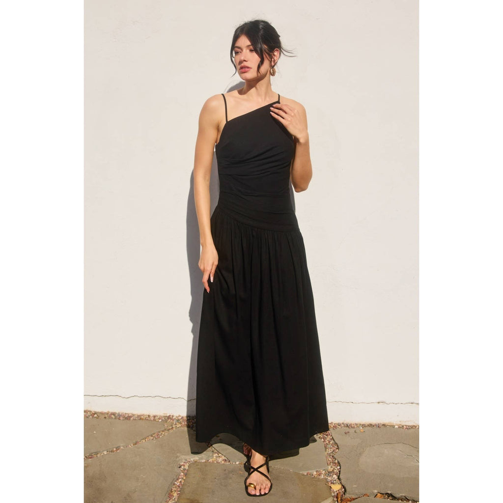 Linen Drop Waist Ruched Maxi Dress
