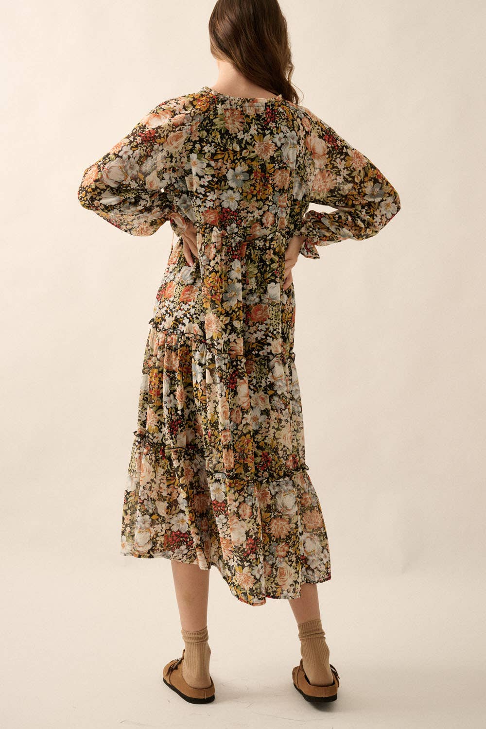 Fall Floral V-Neck Midi Dress