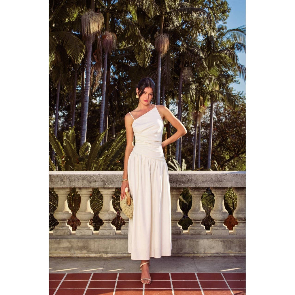 Linen Drop Waist Ruched Maxi Dress