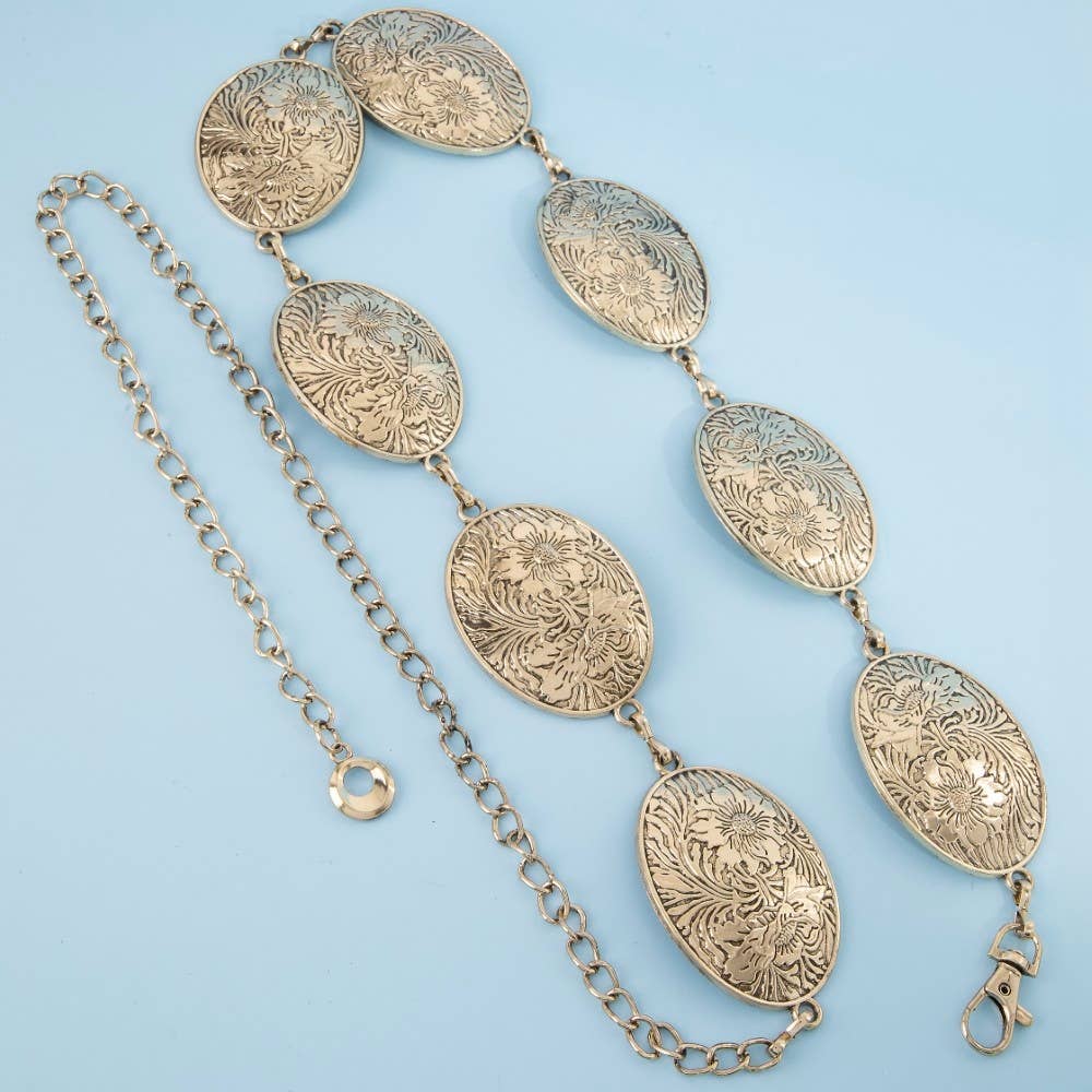 Flower Engraved Oval Concho Chain Belt