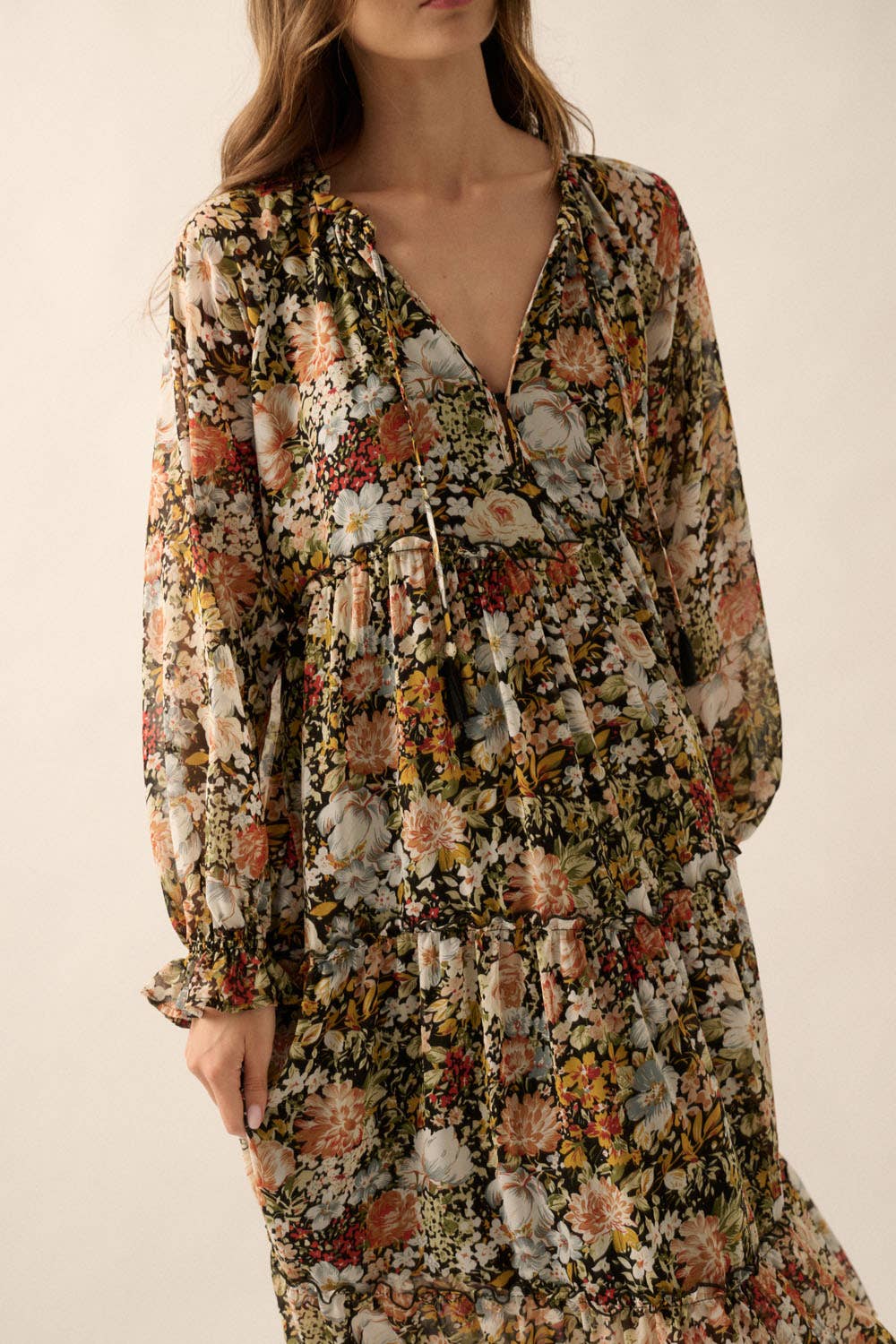 Fall Floral V-Neck Midi Dress