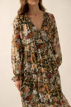 Fall Floral V-Neck Midi Dress
