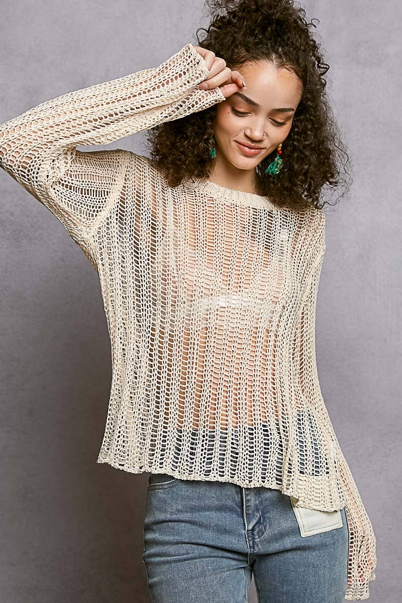 Round Neck Open-Knit Long Sleeve Sheer Sweater Top