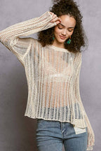 Round Neck Open-Knit Long Sleeve Sheer Sweater Top