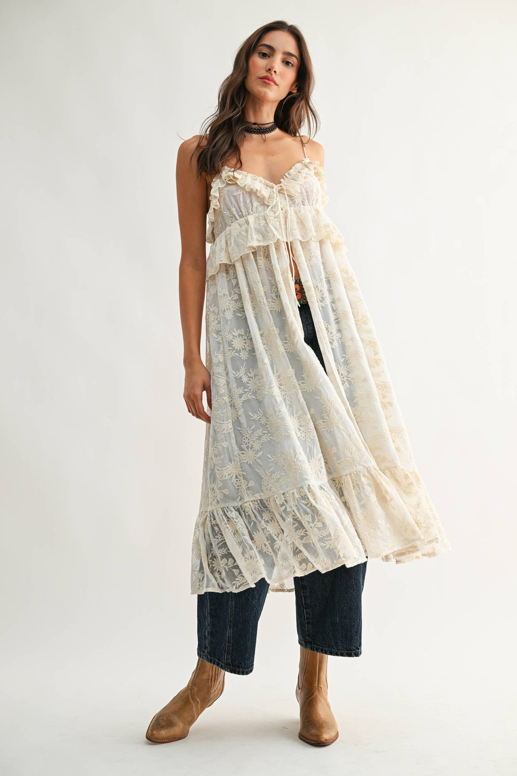 Sheer Floral Lace Ruffle Cover Up Top