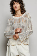 Round Neck Open-Knit Long Sleeve Sheer Sweater Top